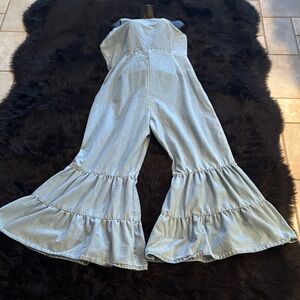 SHEIN Light Blue Denim Ruffled Flare Jumpsuit